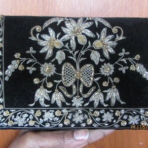 DECO EMBROIDERED BLACK VELVET CLUTCH EVENING BAG